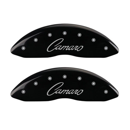 MGP 4 Caliper Covers Engraved Front & Rear Cursive/Camaro Black finish silver ch