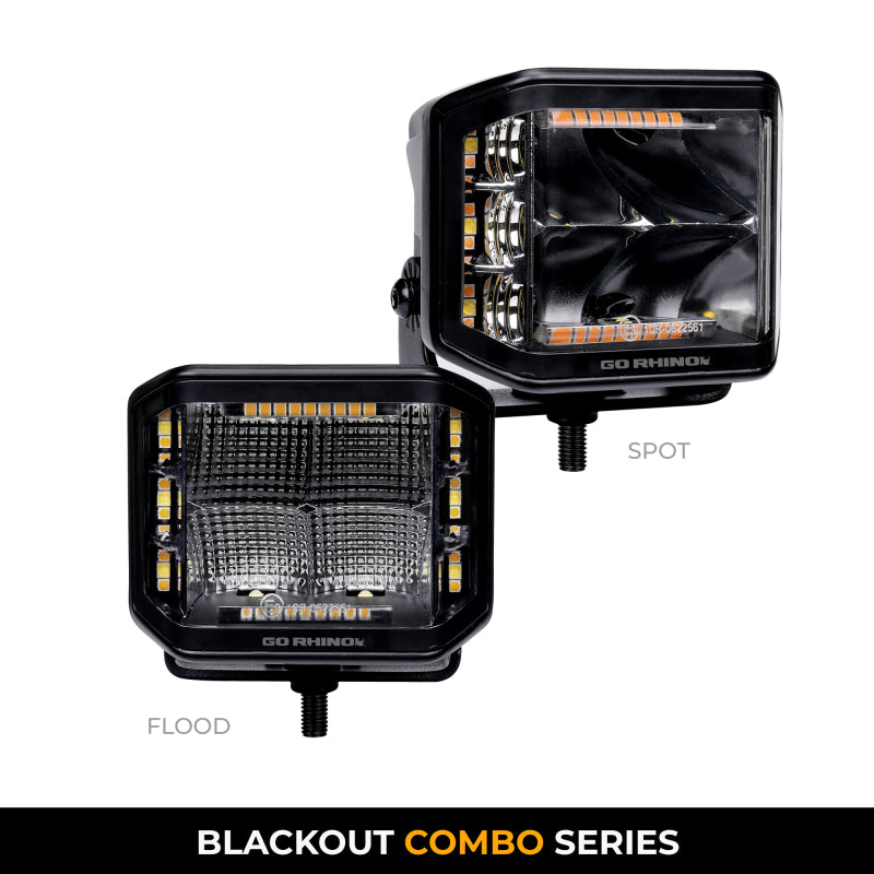 Go Rhino Xplor Blackout Combo Series Cube Sideline LED Spot Lights w/ Amber 4x3 - Blk (Pair)