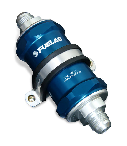 Fuelab 848 In-Line Fuel Filter Standard -6AN In/Out 100 Micron Stainless w/Check Valve - Blue