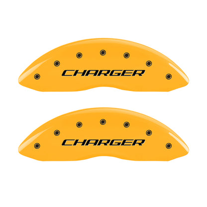 MGP 4 Caliper Covers Engraved Front Charger Engraved Rear RT Yellow finish black ch