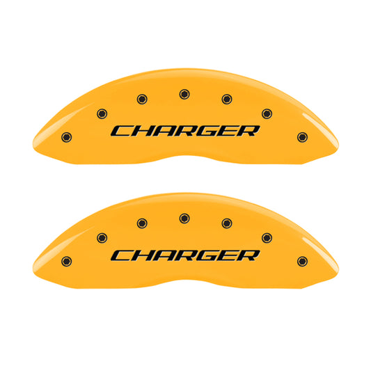 MGP 4 Caliper Covers Engraved Front Charger Engraved Rear RT Yellow finish black ch