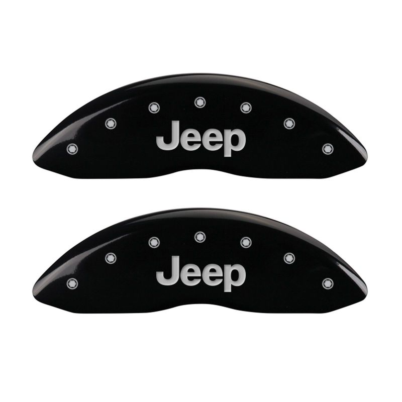 MGP 4 Caliper Covers Engraved Front JEEP Engraved Rear JEEP Grill logo Black finish silver ch