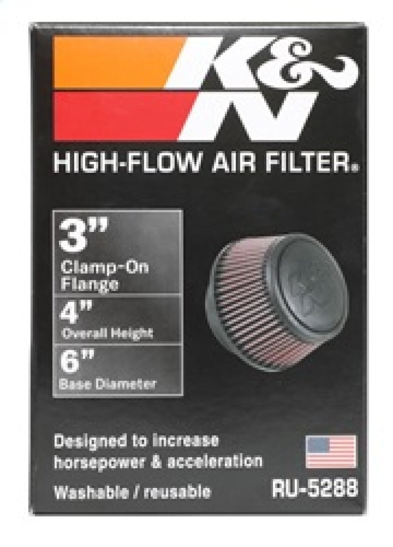 K&N Universal Round Clamp-On Air Filter 3in Flange ID x 6in Base OD x 4.625in Top OD x 3in Height