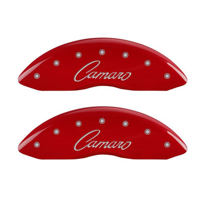 MGP 4 Caliper Covers Engraved Front & Rear Cursive/Camaro Red finish silver ch