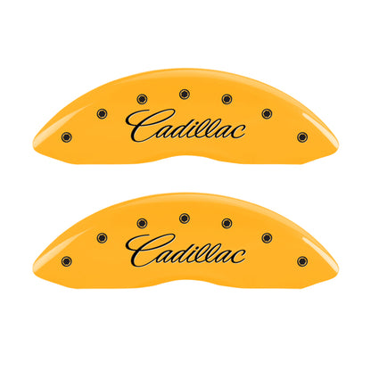 MGP 4 Caliper Covers Engraved Front & Rear Cursive/Cadillac Yellow finish black ch