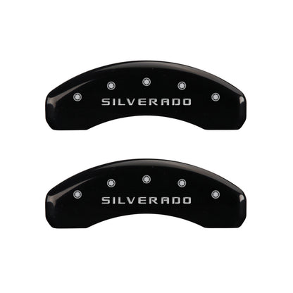 MGP 4 Caliper Covers Engraved Front & Rear Silverado Black finish silver ch