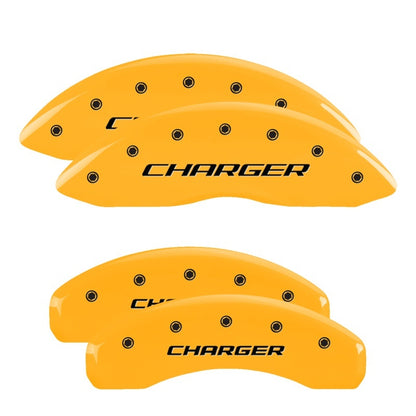 MGP 4 Caliper Covers Engraved Front & Rear Block/Charger Yellow finish black ch