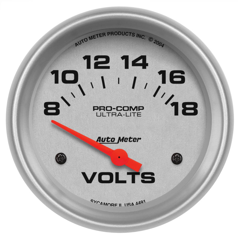 Autometer Ultra-Lite 66.7mm Short Sweep Electric 8-18 Volts Voltmeter