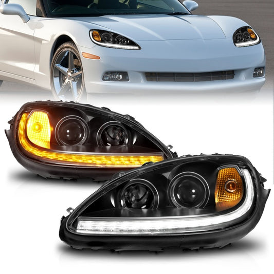 ANZO 05-13 Chevrolet Corvette Projector Headlights w/switchback & Sequential LED - Black Amber