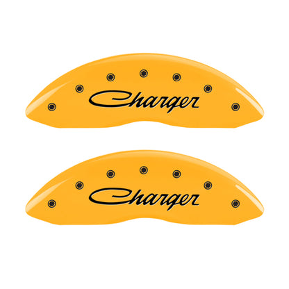 MGP 4 Caliper Covers Engraved Front & Rear Cursive/Charger Yellow finish black ch