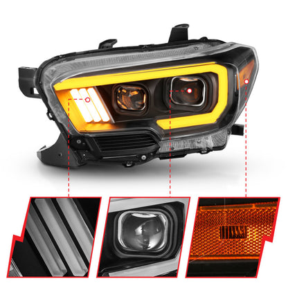 ANZO 2016-2017 Toyota Tacoma Projector Headlights w/ Plank Style Switchback Black w/ Amber w/ DRL