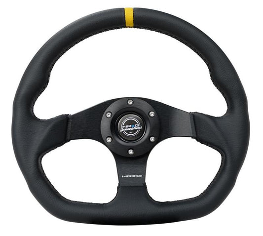 NRG Reinforced Steering Wheel (320mm) Sport Leather Dual Push Buttons Flat Bottom w/ Yellow Center