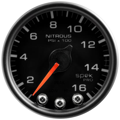 Autometer Spek-Pro Gauge Nitrous Press 2 1/16in 1600psi Stepper Motor W/Peak & Warn Blk/Blk