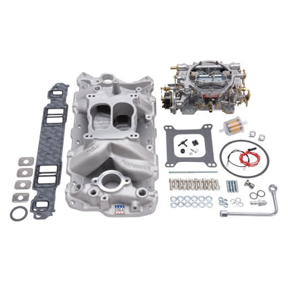 Edelbrock Manifold And Carb Kit Performer Air-Gap Small Block Chevrolet 1957-1986 Natural Finish