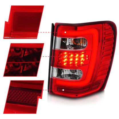 ANZO 1999-2004 Jeep Grand Cherokee LED Tail Lights w/ Light Bar Chrome Housing Red/Clear Lens