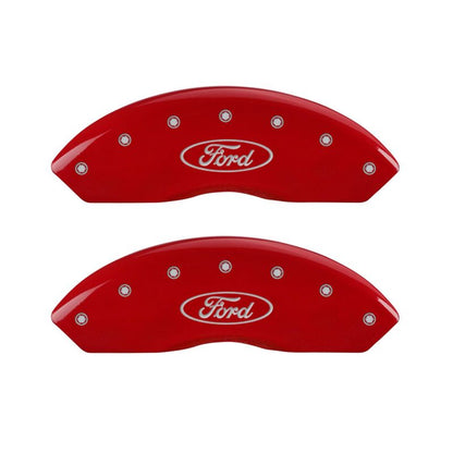 MGP 4 Caliper Covers Engraved Front & Rear Oval Logo/Ford Red Finish Silver Char 2018 Ford Fusion