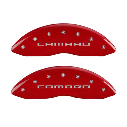 MGP 4 Caliper Covers Engraved Front Gen 5/Camaro Engraved Rear Gen 5/SS Red finish silver ch