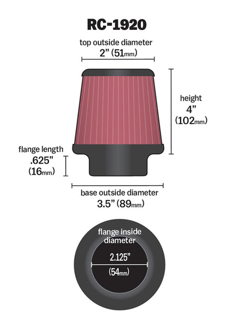 K&N Universal Clamp-On Air Filter 2-1/8in Flange 3-1/2in Base 2in Top 4in Height