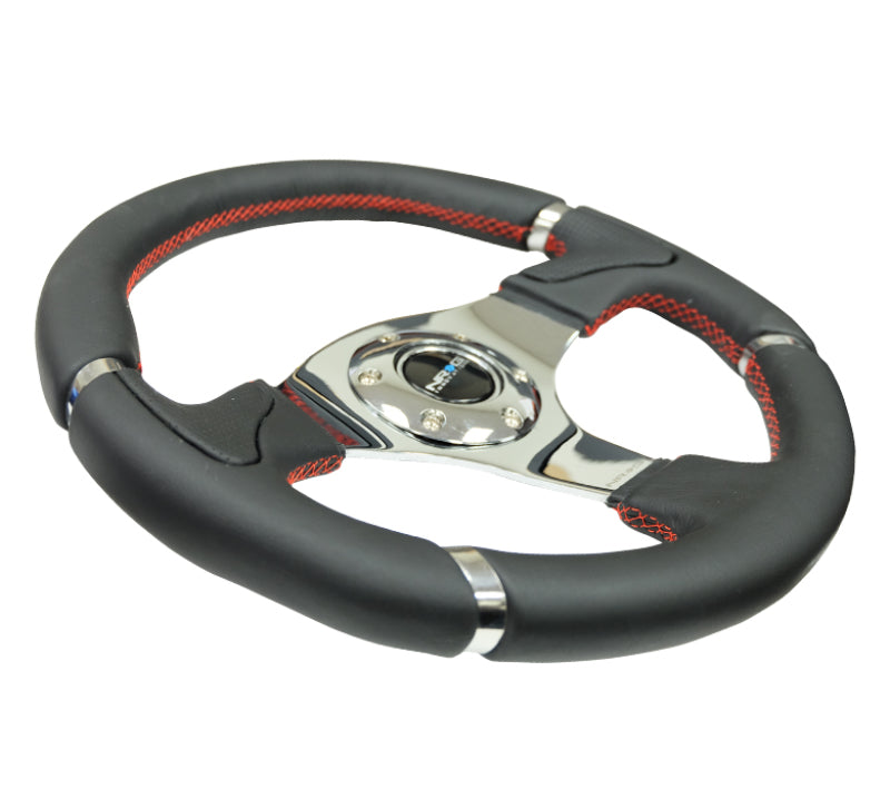 NRG Reinforced Steering Wheel (320mm) Blk Leather/Red Stitching w/Chrome 3-Spoke Center
