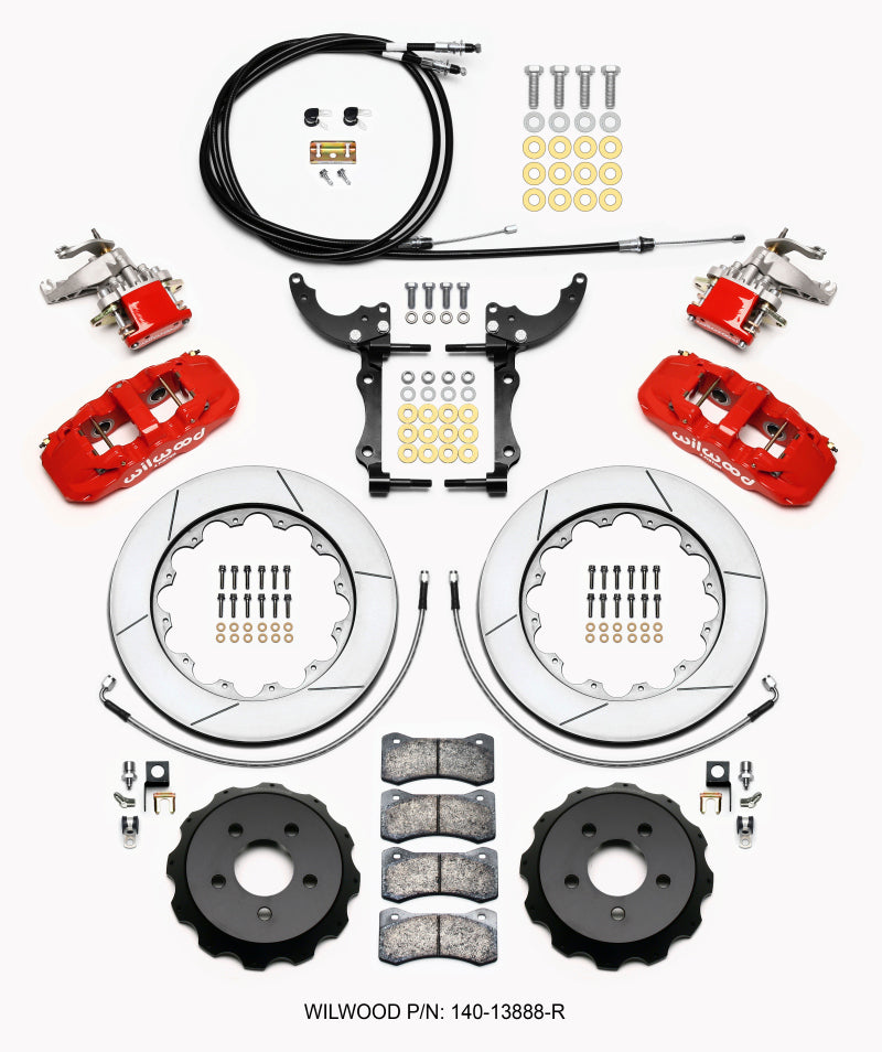 Wilwood AERO4 / MC4 Rear Kit 14.00 Red 2015-Up Mustang w/Lines & Cables