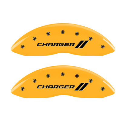 MGP 4 Caliper Covers Engraved Front & Rear With stripes/Charger Yellow finish black ch