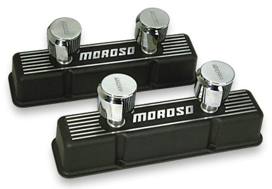 Moroso Chevrolet Small Block Valve Cover - 2 Covers w/2 Breathers - Black Finished Aluminum - Pair