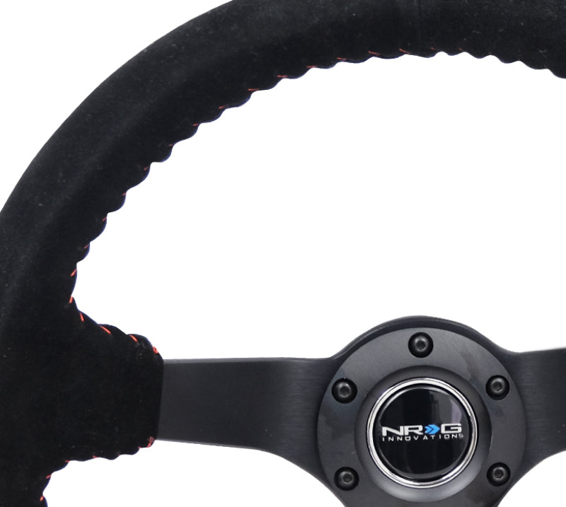 NRG Reinforced Steering Wheel (350mm / 3in. Deep) Blk Suede/Red BBall Stitch w/5mm Matte Blk Spokes