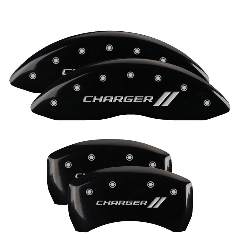 MGP 4 Caliper Covers Engraved Front & Rear With stripes/Charger Black finish silver ch