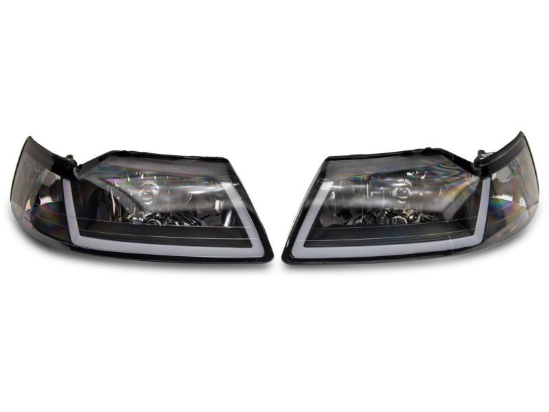 Raxiom 99-04 Ford Mustang Axial Series Headlights w/ Sequential LED Bar- Blk Housing (Clear Lens)