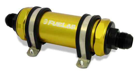 Fuelab 828 In-Line Fuel Filter Long -10AN In/Out 100 Micron Stainless - Gold