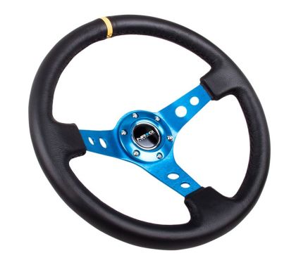 NRG - Reinforced Steering Wheel (350mm / 3in. Deep) Blk Leather w/Blue Cutout Spoke & Single Yellow CM