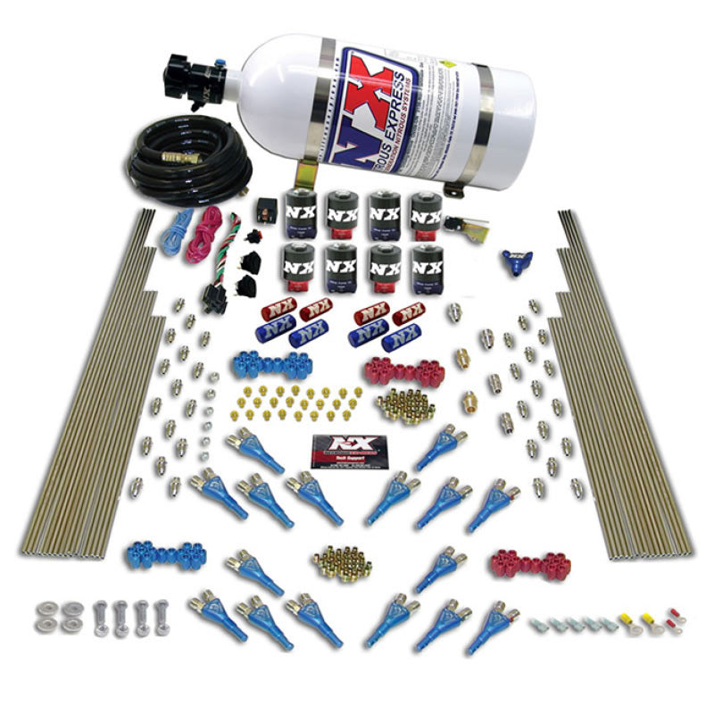 Nitrous Express Shark Dual Stage/Gas 16 Nozzles 8 Solenoids Nitrous Kit (200-1200HP) w/15lb Bottle