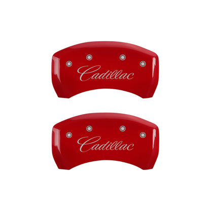 MGP 4 Caliper Covers Engraved Front & Rear Cursive/Cadillac Red Finish Silver Characters