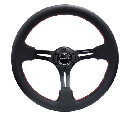 NRG - Reinforced Steering Wheel (350mm / 3in. Deep) Black Leather/Red Stitch & Blk 3-Spoke w/Slits