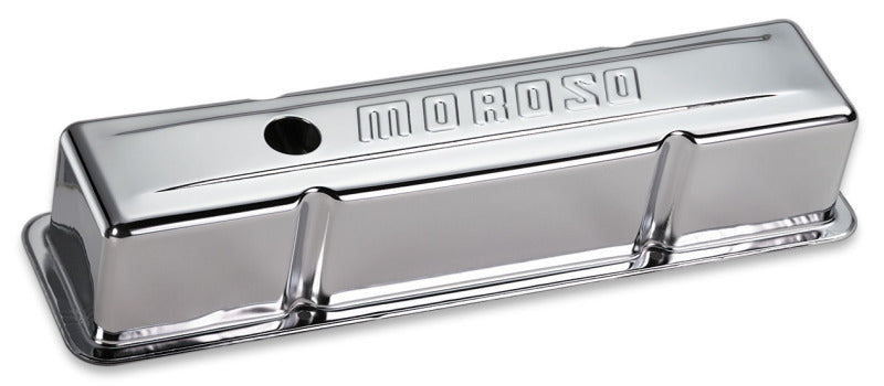 Moroso Chevrolet Small Block Valve Cover - w/Baffle - Stamped Steel Chrome Plated - Pair