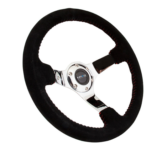 NRG Reinforced Steering Wheel (350mm / 3in. Deep) Blk Suede w/Red BBall Stitch & Chrome 3-Spoke