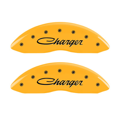 MGP 4 Caliper Covers Engraved Front & Rear 05-10 Dodge Charger R/T Yellow Finish Black Cursive Logo