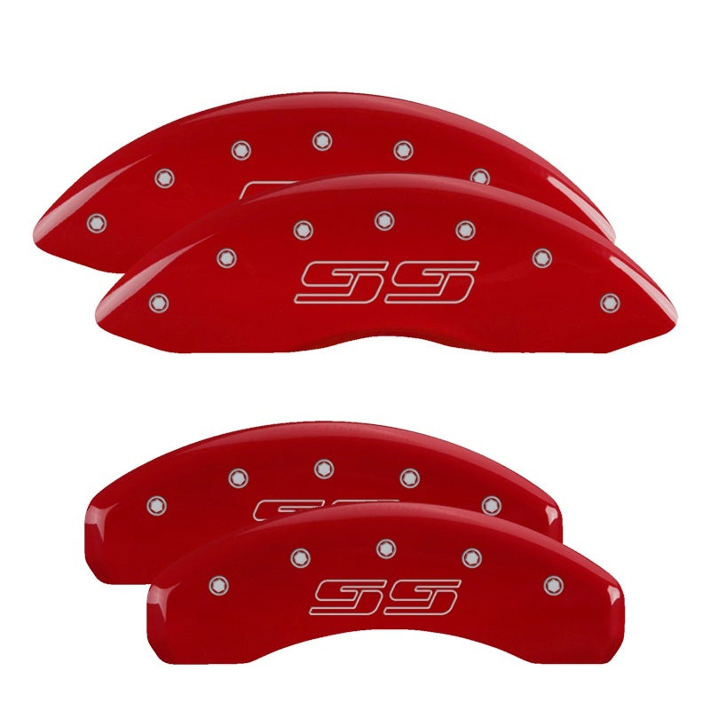 MGP 4 Caliper Covers Engraved Front & Rear Avalanche style/SS Red finish silver ch