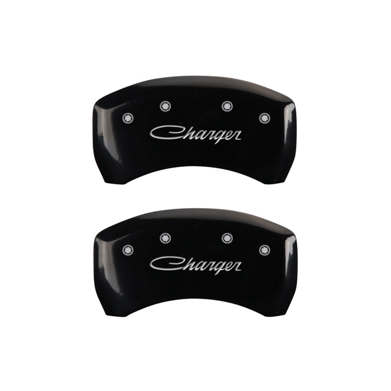 MGP 4 Caliper Covers Engraved Front & Rear Cursive/Charger Black finish silver ch