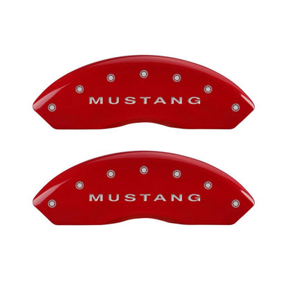 MGP 4 Caliper Covers Engraved Front Mustang Engraved Rear Bar & Pony Red finish silver ch