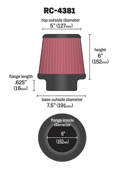 K&N Universal Chrome Filter 6in Flange ID x 7.5in Base OD x 5in Top OD x 6in H