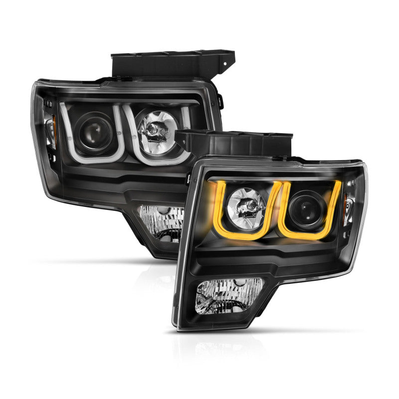 ANZO 2009-2014 Ford F-150 Projector Headlights w/ U-Bar Switchback Black w/ Amber