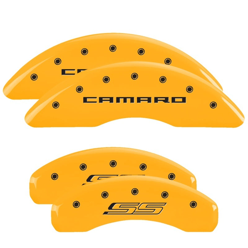 MGP 4 Caliper Covers Engraved Front Gen 5/Camaro Engraved Rear Gen 5/SS Yellow finish black ch