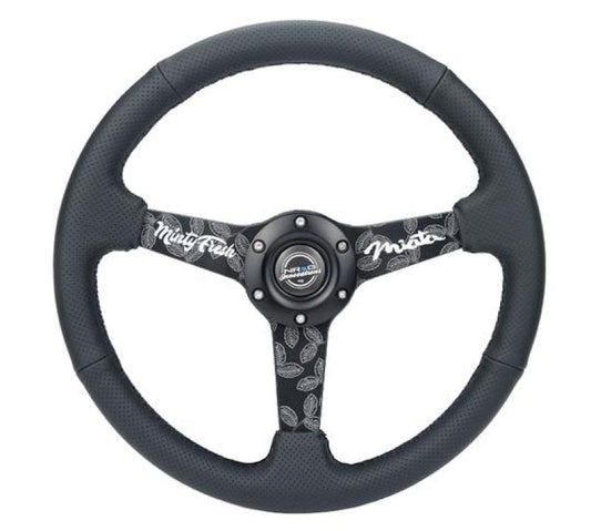 NRG Sport Steering Wheel (350mm/ 1.5in. Deep) Black Etched Spokes/ Black Leather w/ Black Stitch