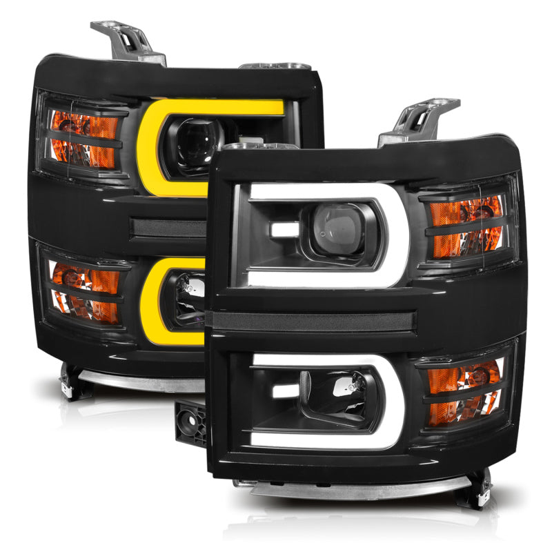 ANZO 14-15 Chevrolet Silverado 1500 Projector Headlights w/ Plank Style Switchback Black w/ Amber