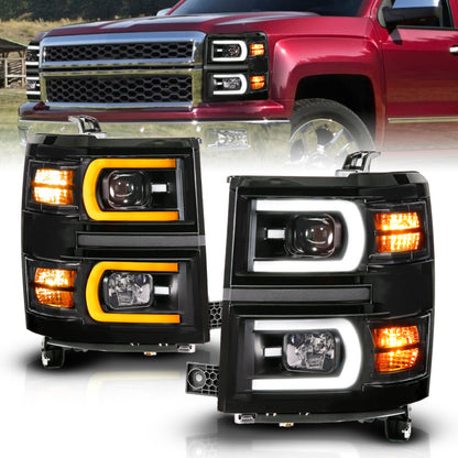 Anzo 14-15 Chevy Silverado 1500 Black Dual Switchback+Sequential LED Tube Sq. Projector Headlights