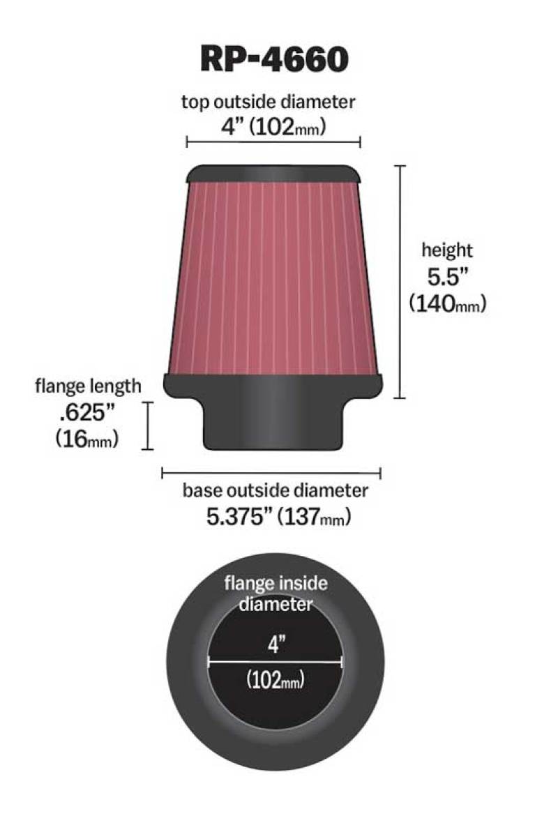 K&N Universal Air Filter - Round Tapered 4in Flange ID / 5.375in Base OD / 4in Top OD / 5.5in H