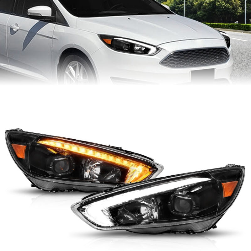 ANZO 15-18 Ford Focus Projector Headlights - w/ Light Bar Switchback Black Housing