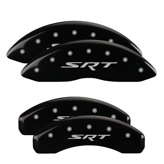 MGP 4 Caliper Covers Engraved Front & Rear 11-18 Jeep Grand Cherokee Black Finish Silver SRT Logo