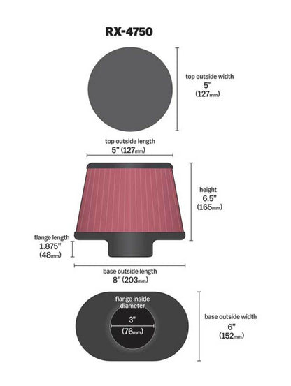 K&N Filter Universal X Stream Clamp-On 3in Flange ID 6inx8in Base 5inx5in Top 6.5in Height